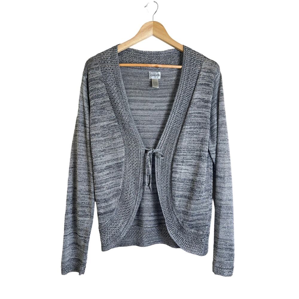 Chico’s Women’s Casual Tie Front Silver Metallic Knit Cardigan Size 2 (L)